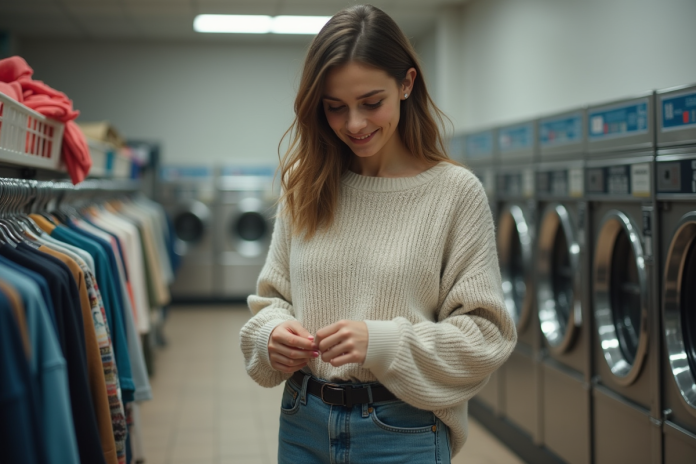 Jeune femme vérifiant étiquettes vêtement dans une laverie