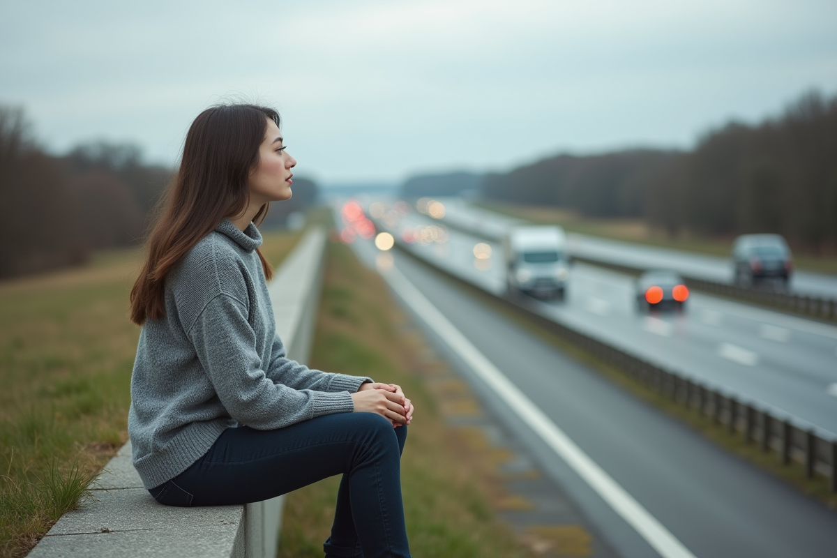 Jeune femme assise au stop sur l