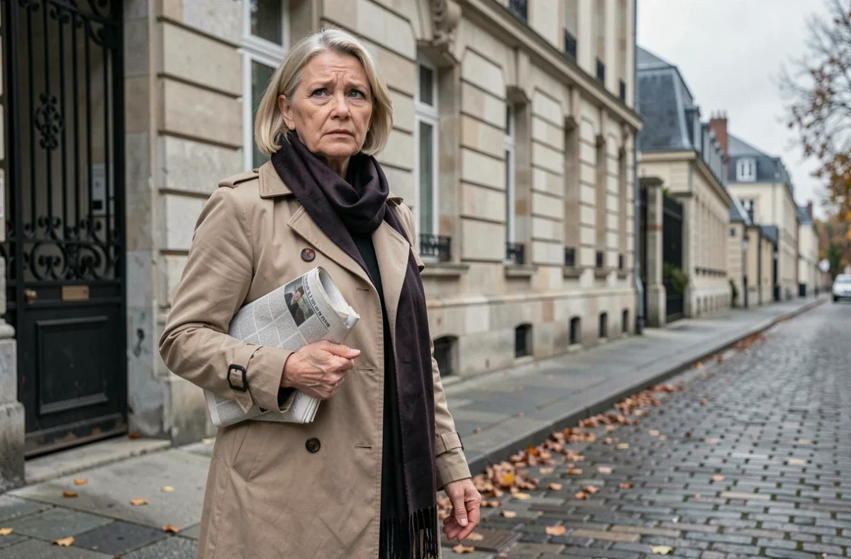 Femme élégante dans une rue pavée d'Amiens tenant un journal, symbolisant l'attention médiatique autour de la famille Trogneux et des rumeurs politiques