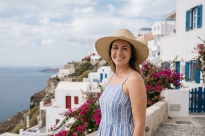 Femme souriante devant les paysages de Santorin en Méditerranée