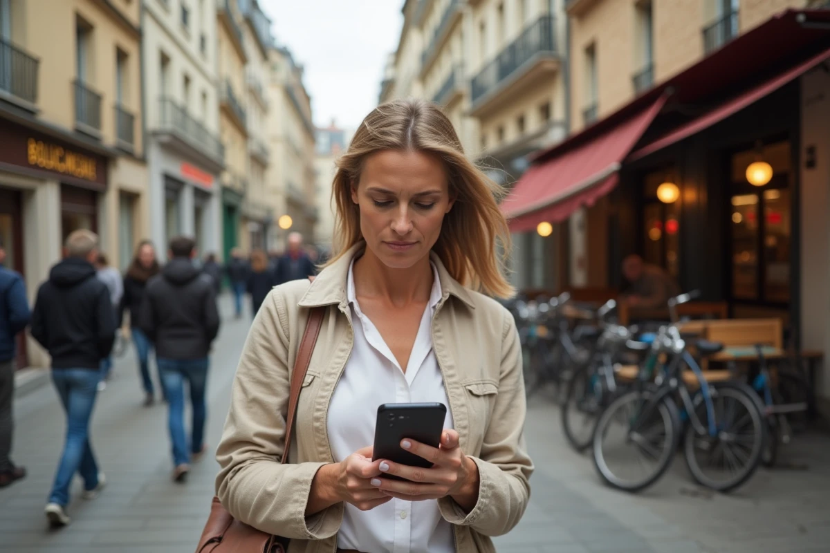 Une femme dans la quarantaine consulte une application de notation de ville sur son smartphone dans une rue commerçante française, exprimant un regard sceptique sur les évaluations en ligne