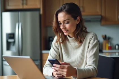 Femme en concentration bloque un numéro sur son smartphone dans la cuisine