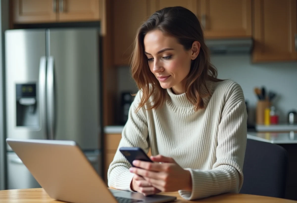 Femme en concentration bloque un numéro sur son smartphone dans la cuisine