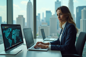 Femme confiante travaillant sur des dashboards de cybersécurité