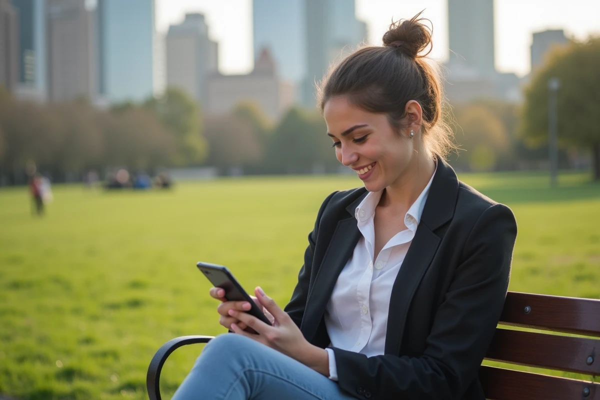 Femme heureuse utilisant son smartphone dans un parc urbain