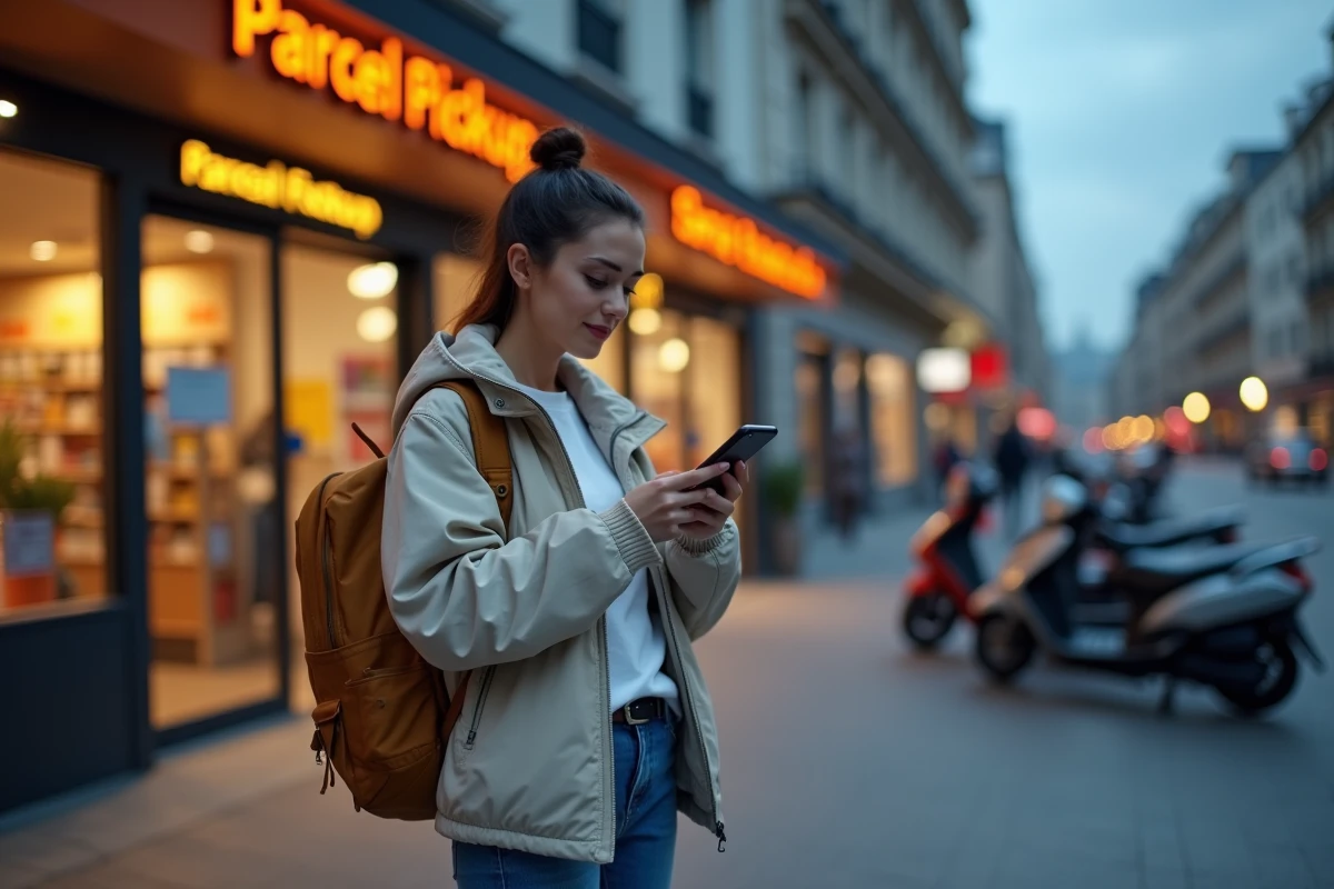 Femme en ville vérifiant son smartphone au crépuscule