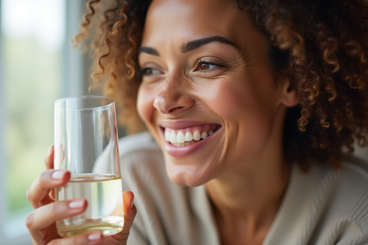 Femme souriante tenant un complément de vitamine PP