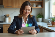 Femme d'âge moyen utilisant une tablette AI dans une cuisine moderne