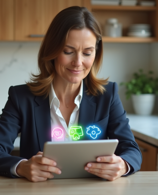 Femme d'âge moyen utilisant une tablette AI dans une cuisine moderne