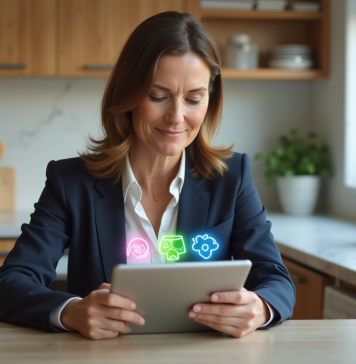 IA : impact sur notre quotidien et applications concrètes Femme d'âge moyen utilisant une tablette AI dans une cuisine moderne