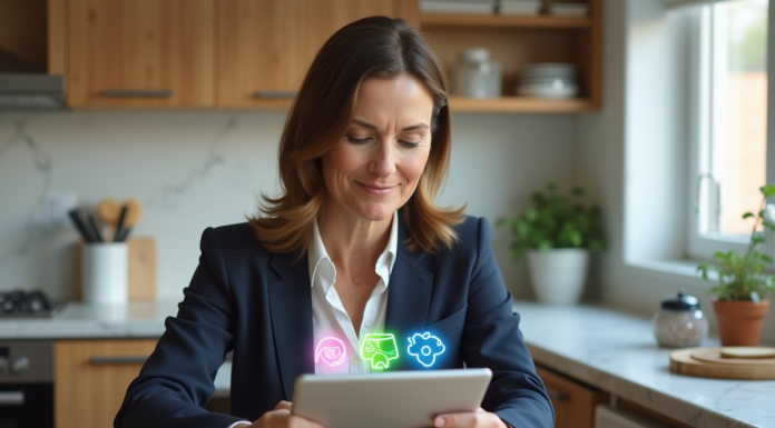 Femme d'âge moyen utilisant une tablette AI dans une cuisine moderne