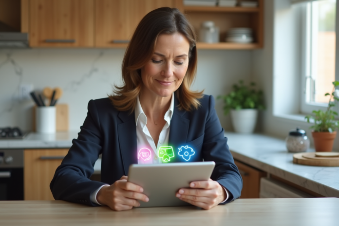 Femme d'âge moyen utilisant une tablette AI dans une cuisine moderne