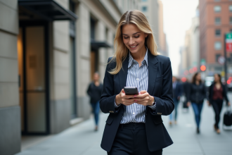 Femme confiante en ville avec blazer et téléphone