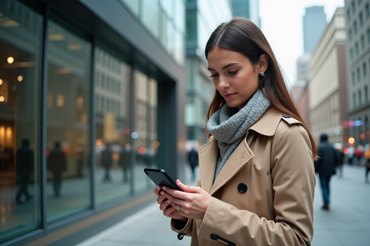 Jeune femme vérifiant données argent dans le quartier financier