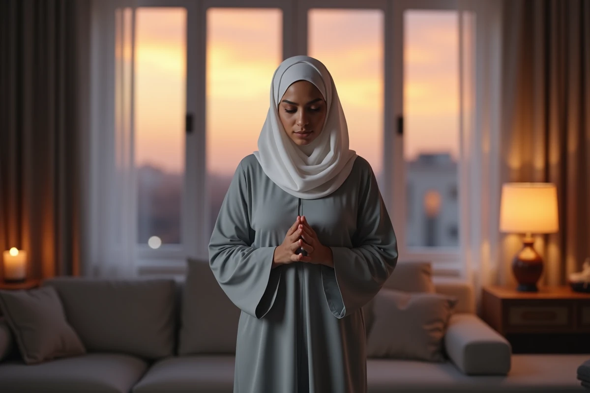 Femme voilée en position de qiyam pendant la prière du Maghreb dans un cadre domestique