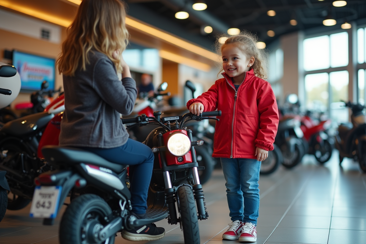 Fille de 5 ans avec moto dans un showroom moderne