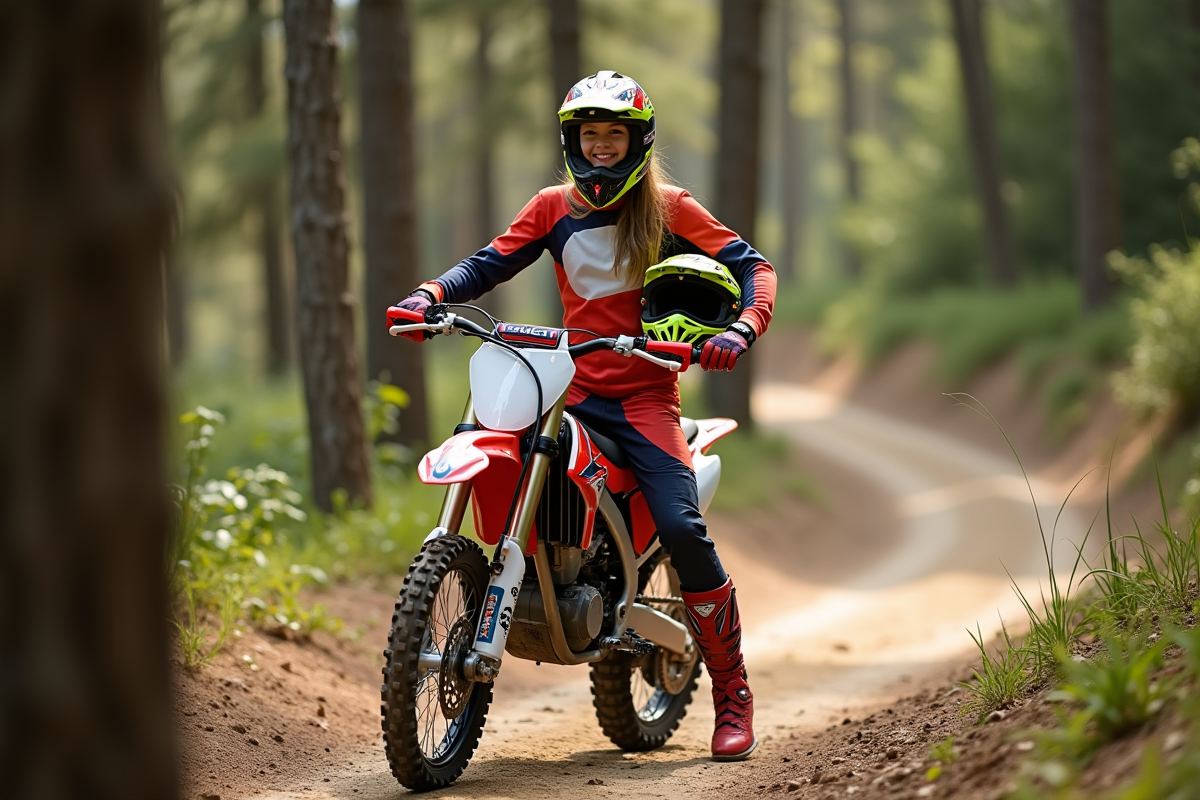 Fille en motocross souriante dans la forêt en plein air