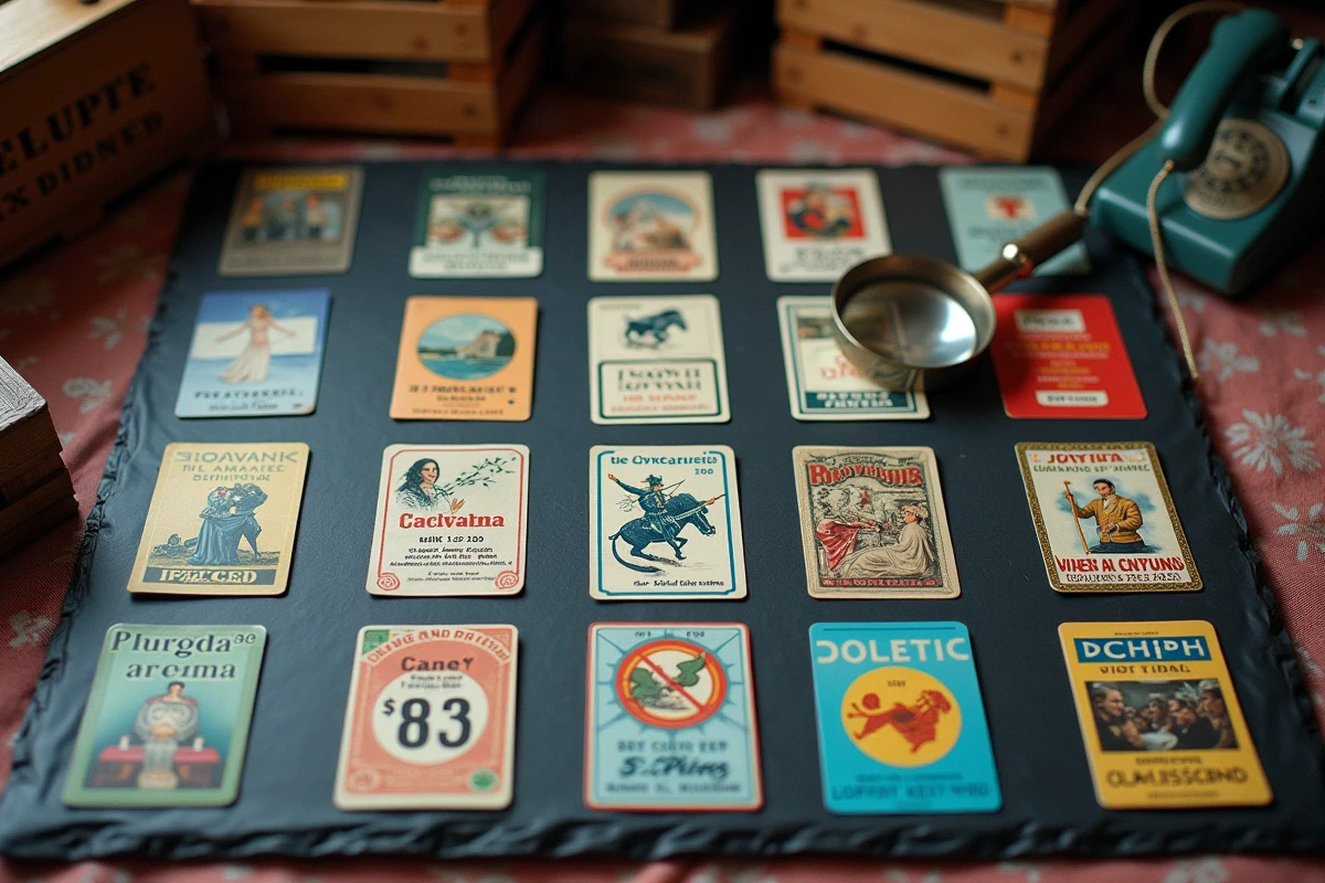 Flat lay de cartes téléphoniques vintage rares étalées sur une surface en ardoise avec étiquettes de prix