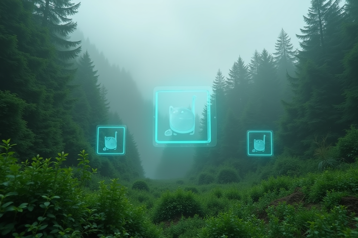 Forêt verte polluée avec icônes holographiques de ChatGPT dans l