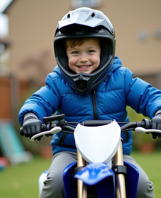 Garçon de 6 ans souriant sur sa moto dans le jardin