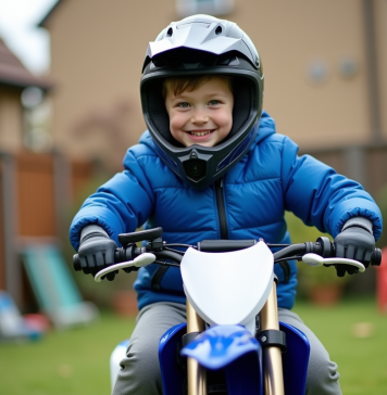 Prix du Yamaha PW 50 neuf : combien investir pour un véhicule enfant de qualité ? Garçon de 6 ans souriant sur sa moto dans le jardin