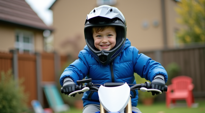 Garçon de 6 ans souriant sur sa moto dans le jardin