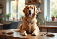 Chien golden retriever bien toiletté dans un salon moderne