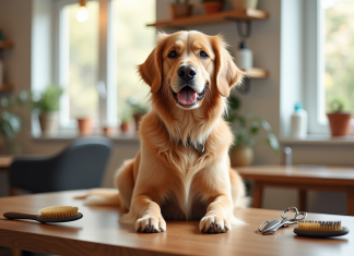 Accessoires toilettage : l’importance des outils et produits pour animaux Chien golden retriever bien toiletté dans un salon moderne