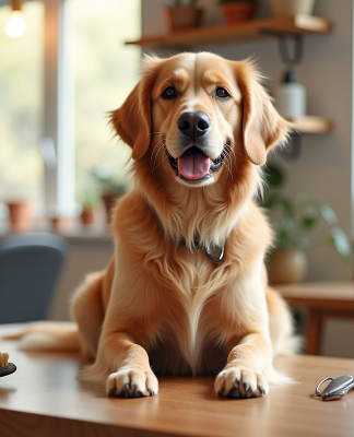 Chien golden retriever bien toiletté dans un salon moderne