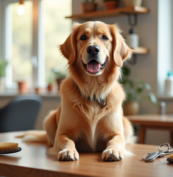 Accessoires toilettage : l’importance des outils et produits pour animaux Chien golden retriever bien toiletté dans un salon moderne