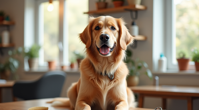 Chien golden retriever bien toiletté dans un salon moderne