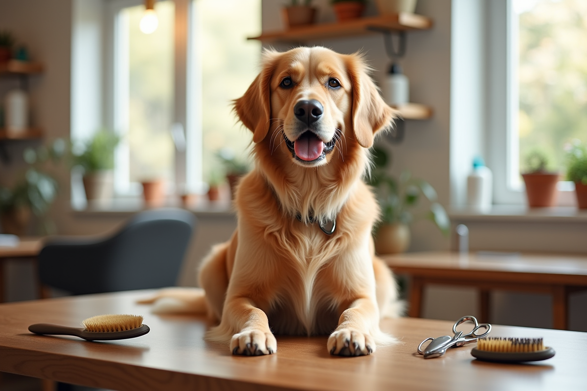 Chien golden retriever bien toiletté dans un salon moderne