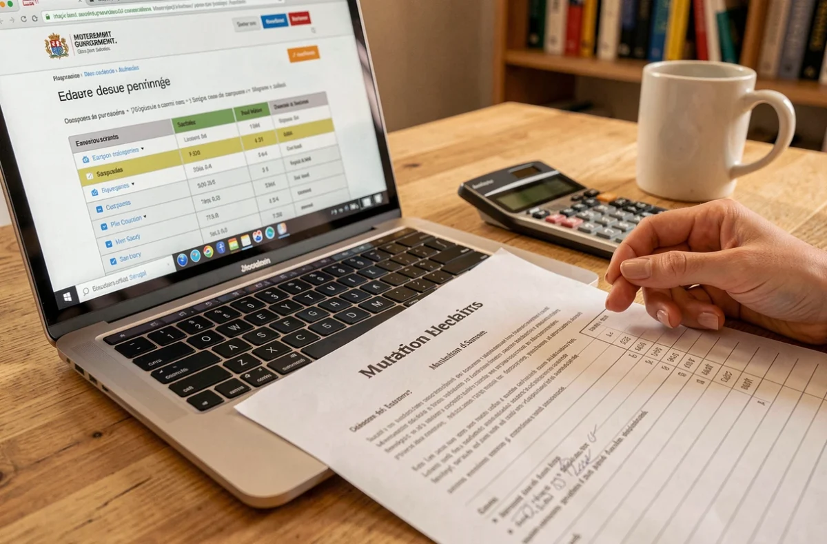 Détail d'un ordinateur affichant la grille indiciaire des enseignants avec une lettre de mutation et des calculs de salaire sur une table