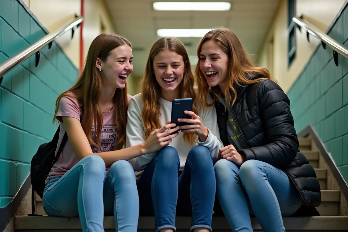 Groupe d'adolescents hilares regardant ensemble une vidéo brainrot sur un téléphone dans un couloir scolaire