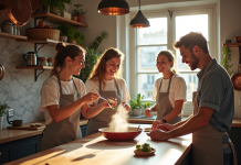 Groupe de quatre adultes en cuisine parisienne conviviale