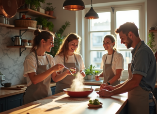 Atelier cuisine Paris : nos coups de cœur gourmands Groupe de quatre adultes en cuisine parisienne conviviale