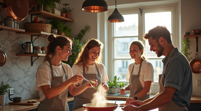 Groupe de quatre adultes en cuisine parisienne conviviale