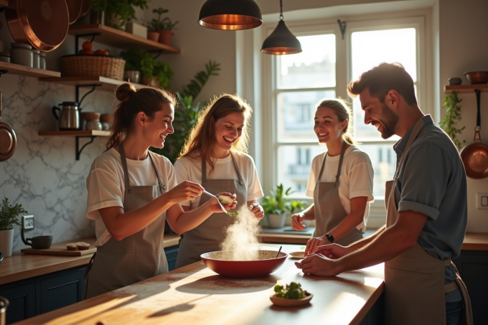 Groupe de quatre adultes en cuisine parisienne conviviale