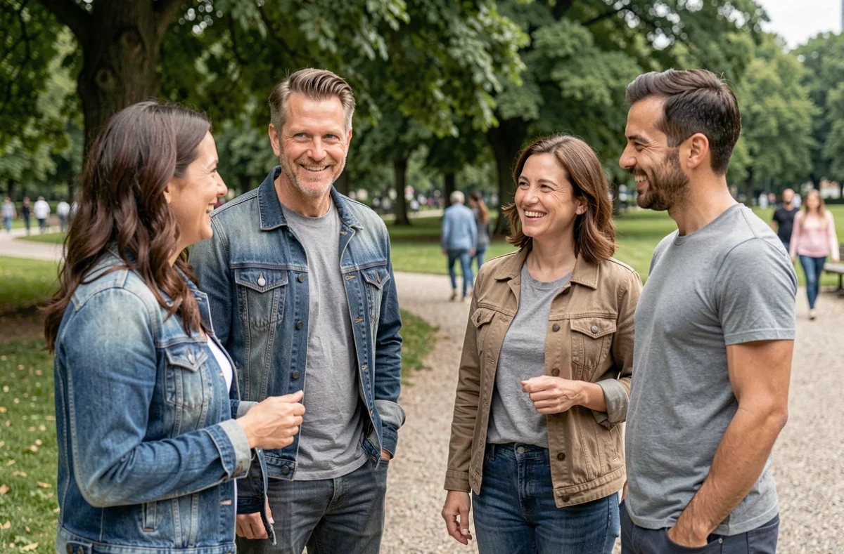 Groupe de personnes adultes aux yeux de couleurs différentes dans un parc, illustrant la diversité des couleurs d'yeux dans le monde
