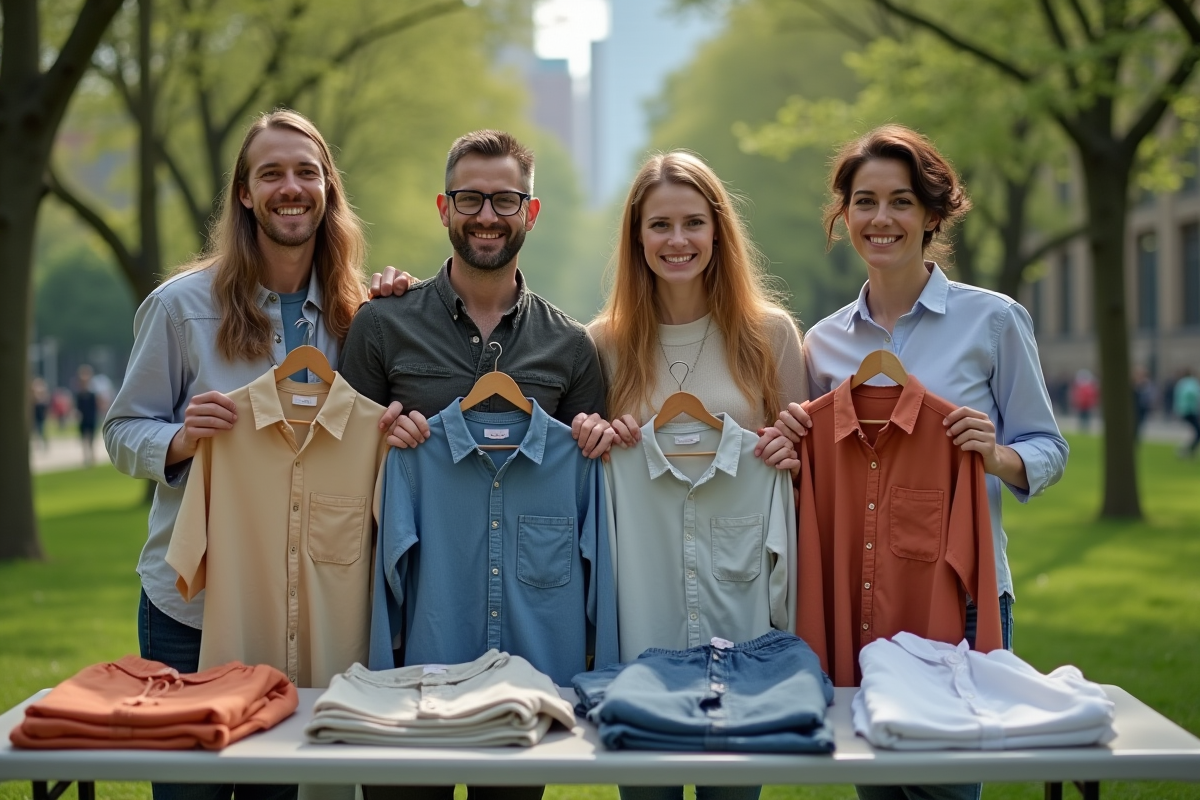 Groupe divers de personnes échangeant des vêtements en parc urbain