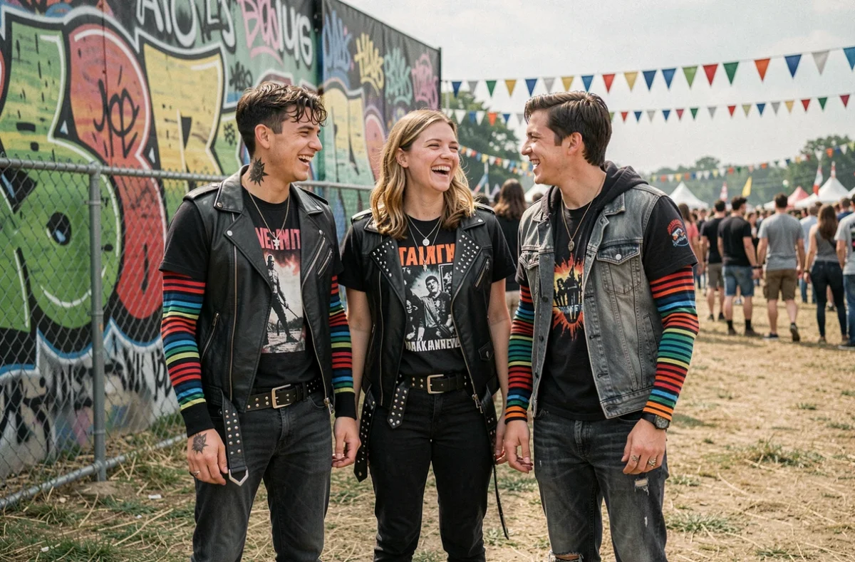 Groupe de jeunes adultes habillés en style emo devant un mur de graffitis lors d'un festival de musique, représentant la dimension communautaire et sociale de la culture emo