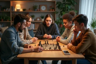Groupe d'adultes et adolescents jouant à un jeu de société dans un salon chaleureux