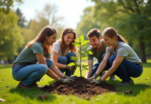 Groupe de personnes plantant des jeunes arbres dans un parc