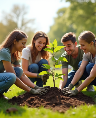 Groupe de personnes plantant des jeunes arbres dans un parc