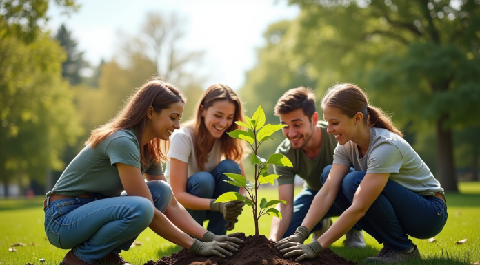 Groupe de personnes plantant des jeunes arbres dans un parc