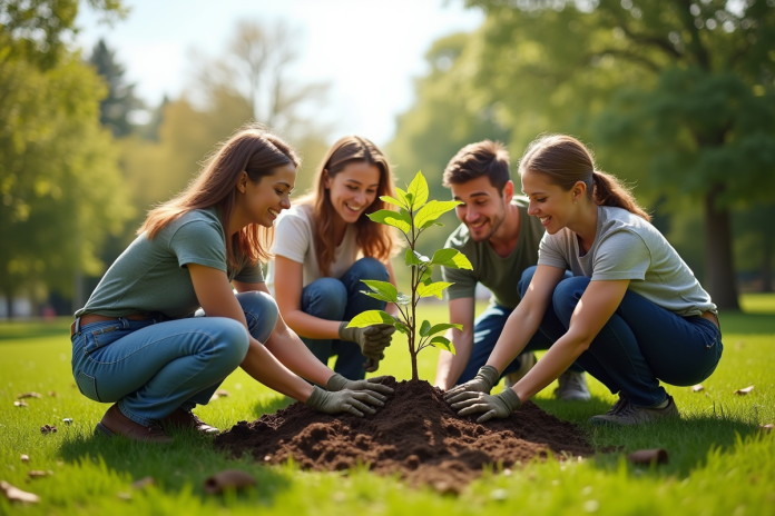 groupe-jeunes-arbres-environnement Groupe de personnes plantant des jeunes arbres dans un parc