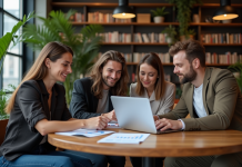 Groupe de millennials discutant de finances dans un café