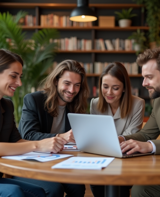 Groupe de millennials discutant de finances dans un café