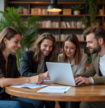 Groupe de millennials discutant de finances dans un café