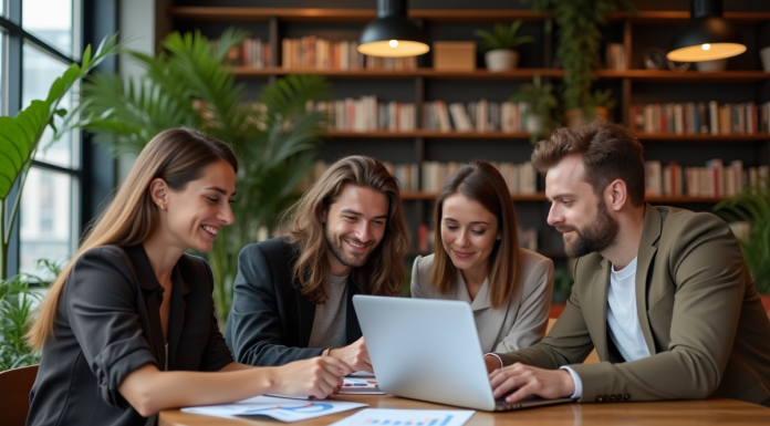 Groupe de millennials discutant de finances dans un café